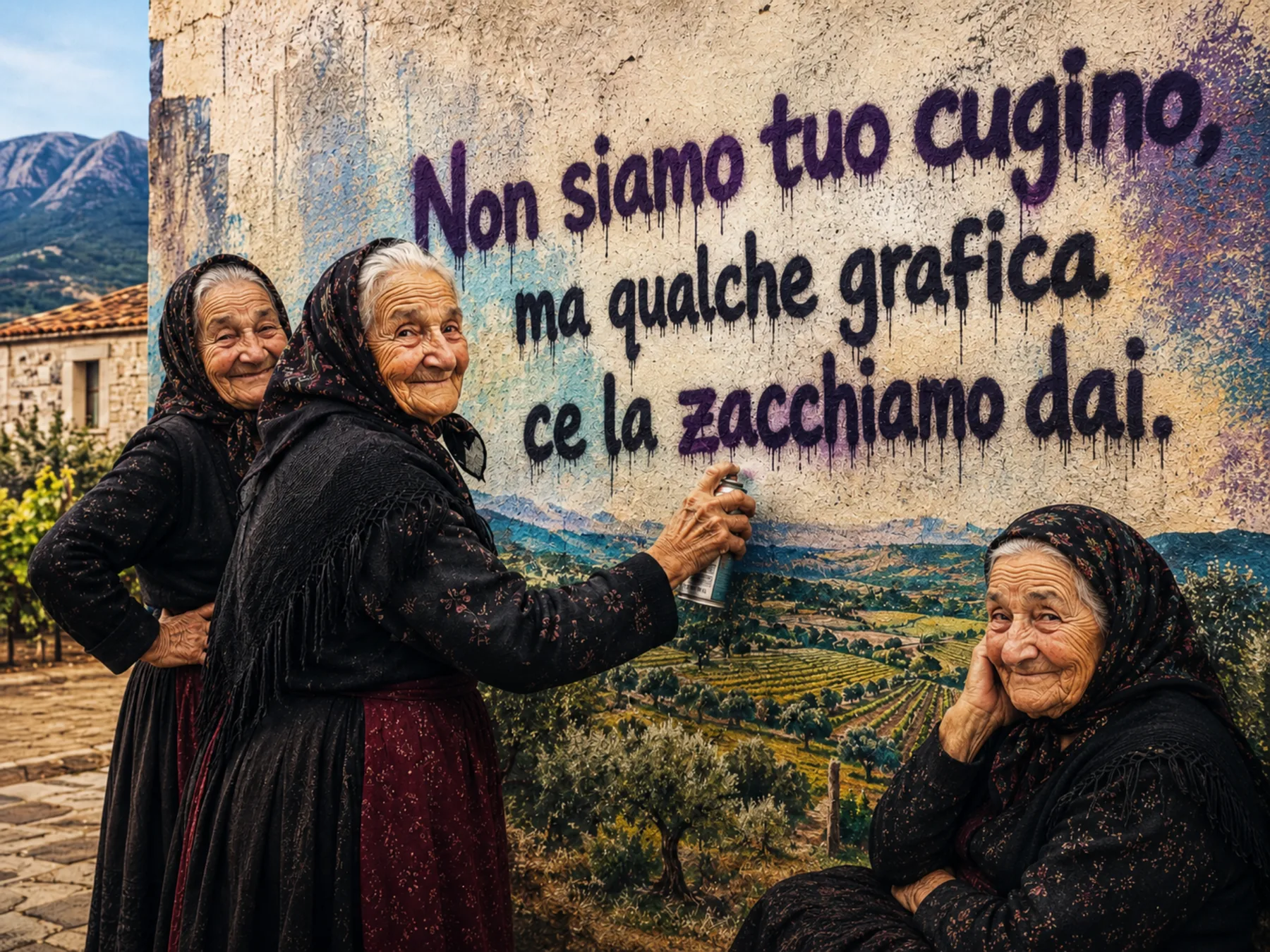 Murale ironico con donne sarde e la frase Non siamo tuo cugino ma qualche grafica ce la zacchiamo dai